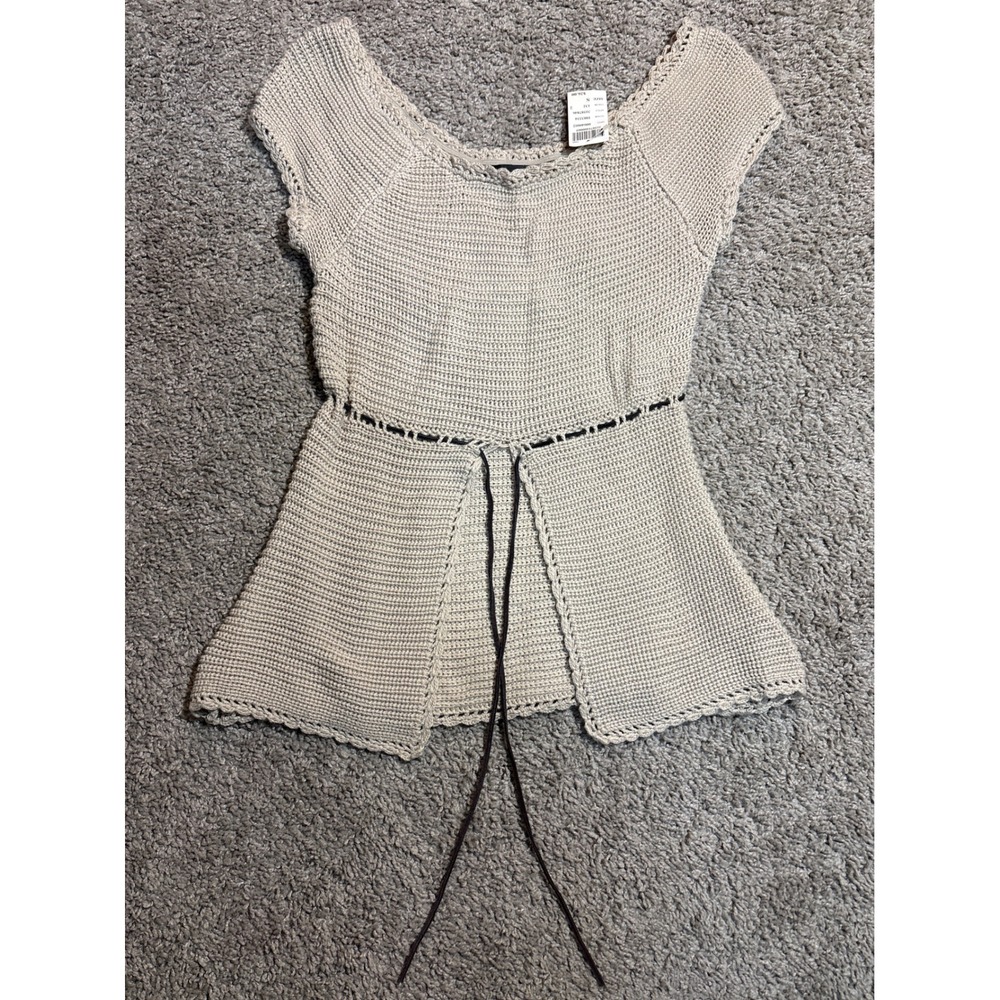 Y2K Wet Seal Vintage Crochet Knit Top Beige Suede Tie Waist Open Front Peplum S